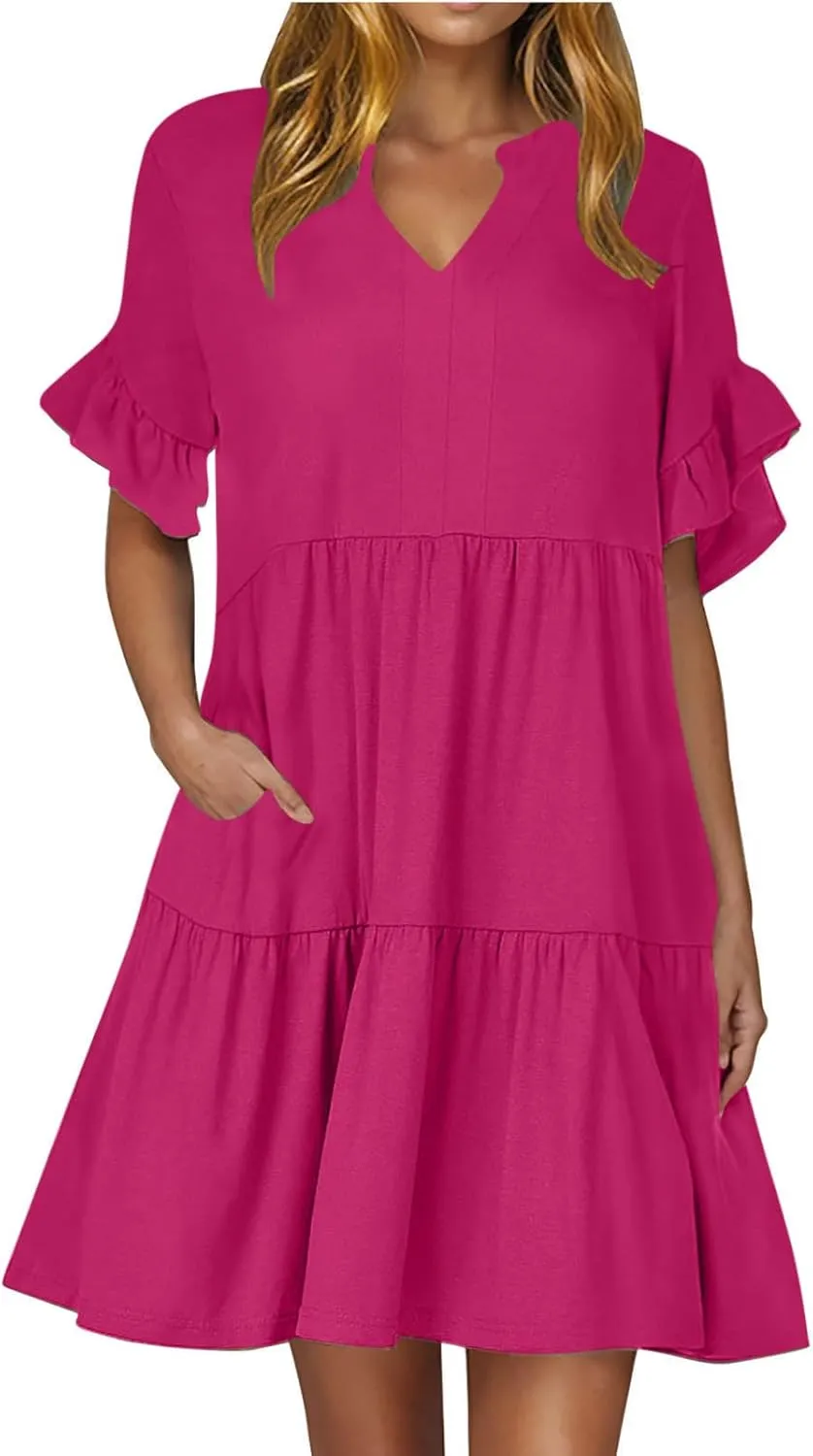 XUNRYAN Womens Summer Babydoll Dresses V-Neck Casual Short Sleeve Tiered Ruffle Mini Dress Pockets Loungewear Fashion Clothes