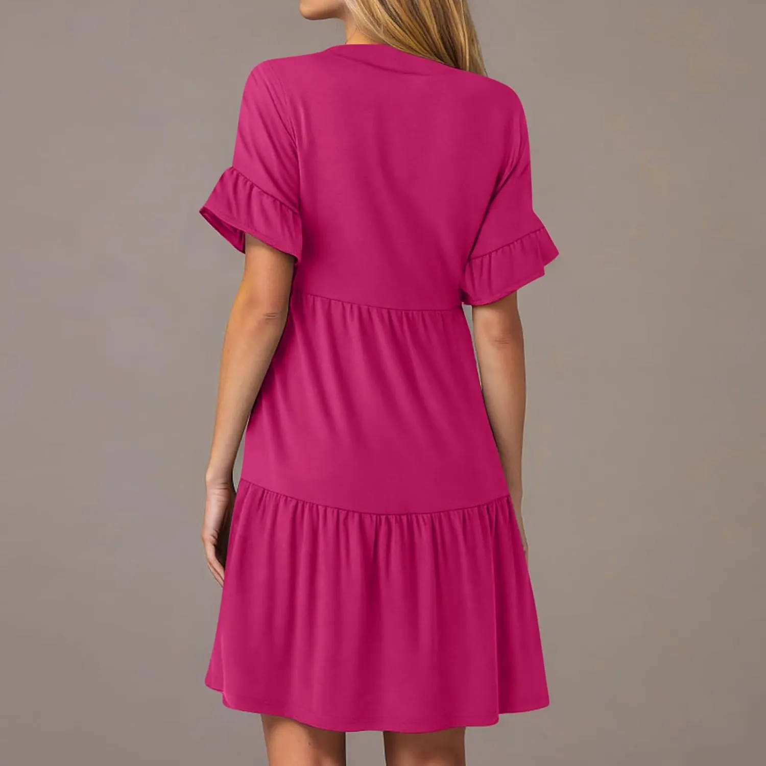 XUNRYAN Womens Summer Babydoll Dresses V-Neck Casual Short Sleeve Tiered Ruffle Mini Dress Pockets Loungewear Fashion Clothes