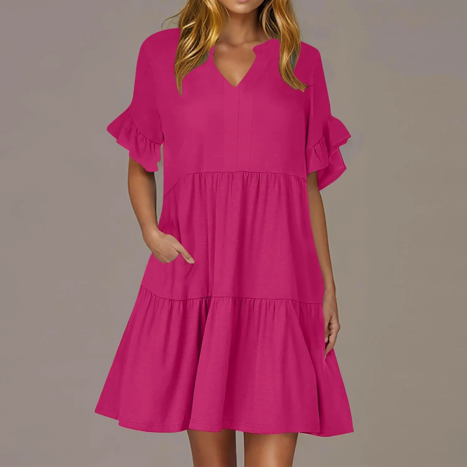 XUNRYAN Womens Summer Babydoll Dresses V-Neck Casual Short Sleeve Tiered Ruffle Mini Dress Pockets Loungewear Fashion Clothes