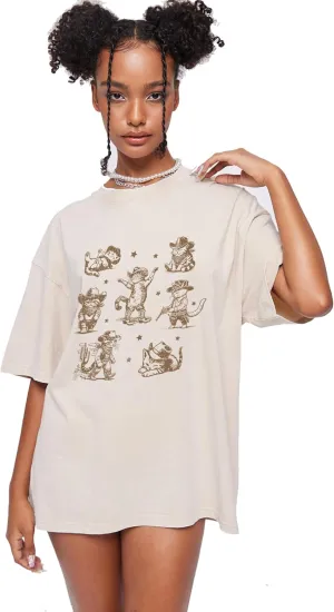 Y2K Oversized Graphic Tees for Women -Cowboy Cats Acid Washed Vintage Unisex Tee Short Sleeve Streetwear Tops