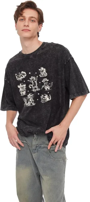 Y2K Oversized Graphic Tees for Women -Cowboy Cats Acid Washed Vintage Unisex Tee Short Sleeve Streetwear Tops