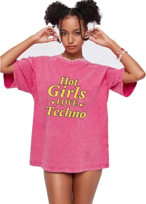 Y2K Oversized Graphic Tees for Women - Hot Girls Love Techno Acid Washed Vintage Unisex Tee Streetwear Tops