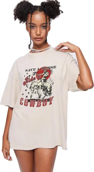 Y2K Oversized Graphic Tees for Women -Ride A Cowboy Acid Washed Vintage Unisex Tee Baggy Short Sleeve Casual Streetwear Tops