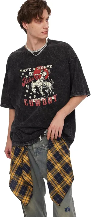 Y2K Oversized Graphic Tees for Women -Ride A Cowboy Acid Washed Vintage Unisex Tee Baggy Short Sleeve Casual Streetwear Tops