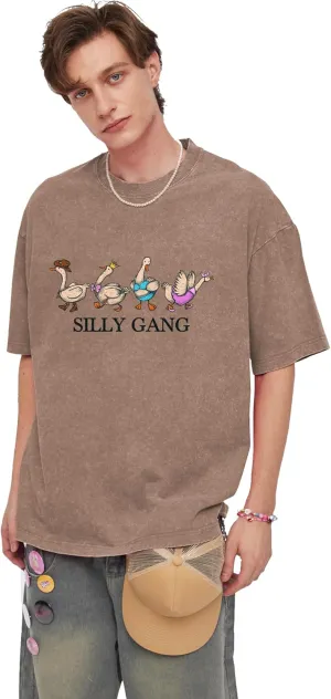 Y2K Oversized Graphic Tees for Women - Silly Gang Acid Washed Vintage Unisex Tee Short Sleeve Streetwear Tops