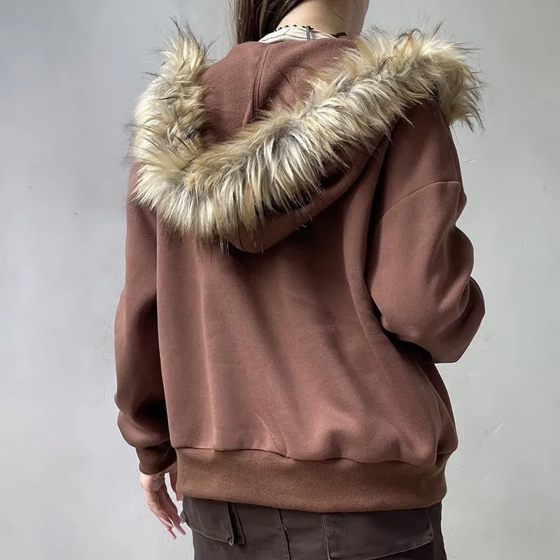 Y2k Zip Up Hoodie Fur Jackets Winter Coats Teen Emo Grunge 2000s Clothes Vintage Streetwear Women