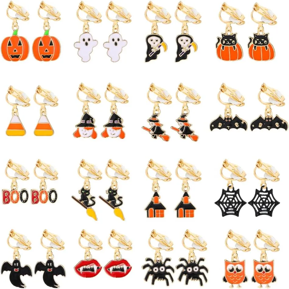 Yoshow 16 Pairs Clip on Halloween Earrings for Women Teens Halloween Clip on Dangle Earrings Set Spooky Ghost Spider Pumpkin Bat Black Cat Witch Fall Earrings Jewelry Pack