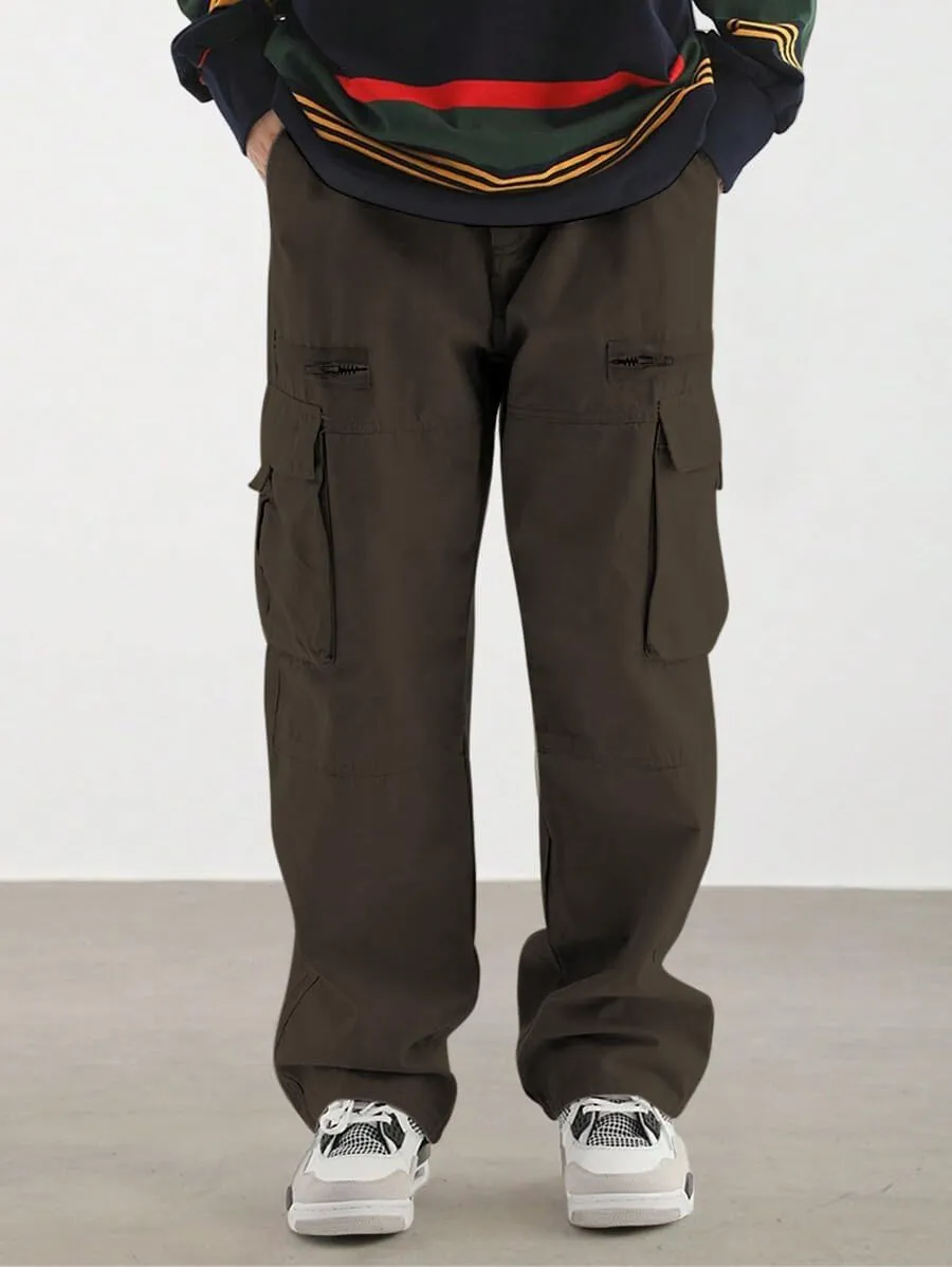 ZAFUL Men's Wild Cargo Pants Loose Fit Y2K Pants Drawstring Casual Hiking Pants Pocket Zipper Design Straight Trousers