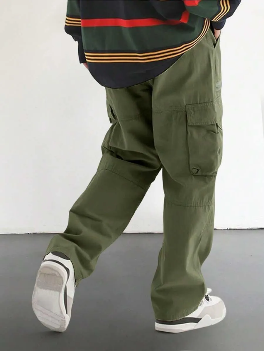 ZAFUL Men's Wild Cargo Pants Loose Fit Y2K Pants Drawstring Casual Hiking Pants Pocket Zipper Design Straight Trousers