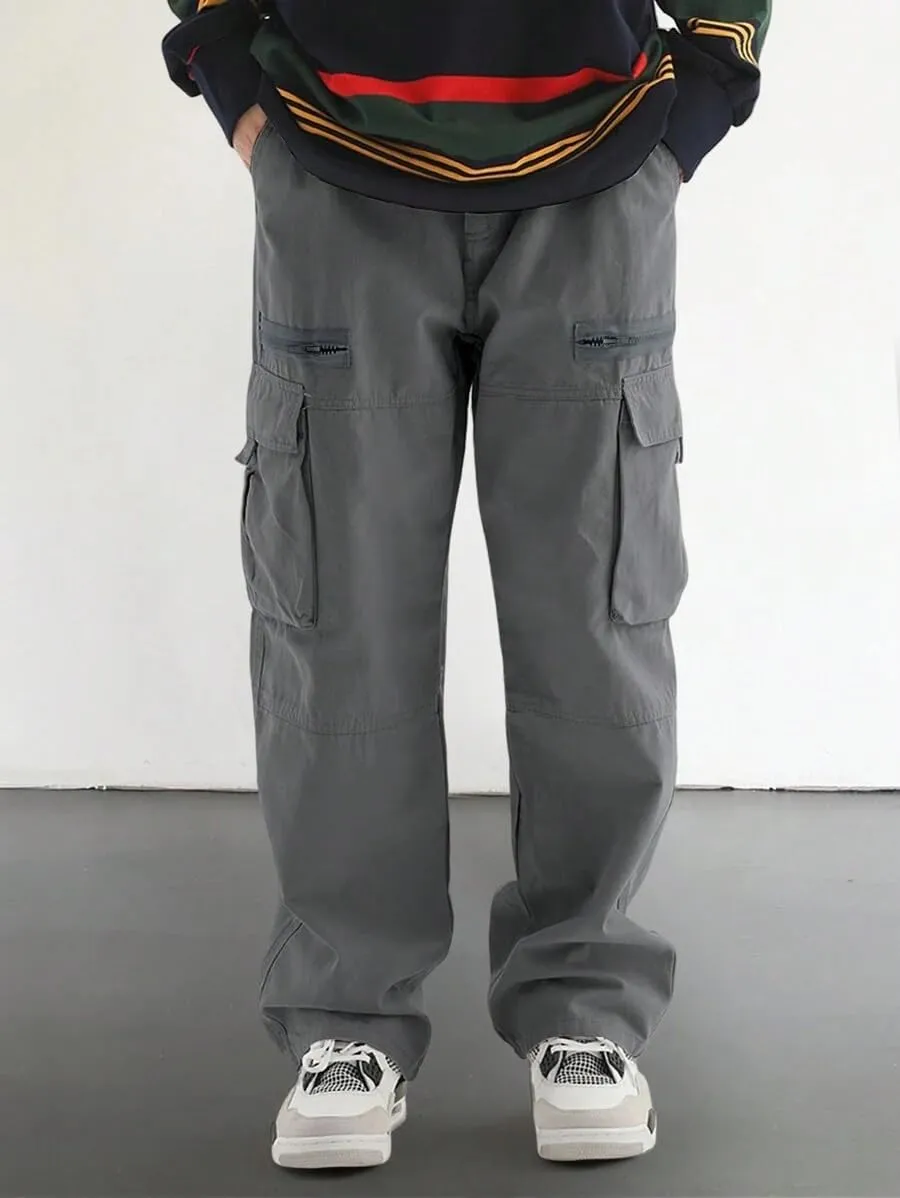 ZAFUL Men's Wild Cargo Pants Loose Fit Y2K Pants Drawstring Casual Hiking Pants Pocket Zipper Design Straight Trousers