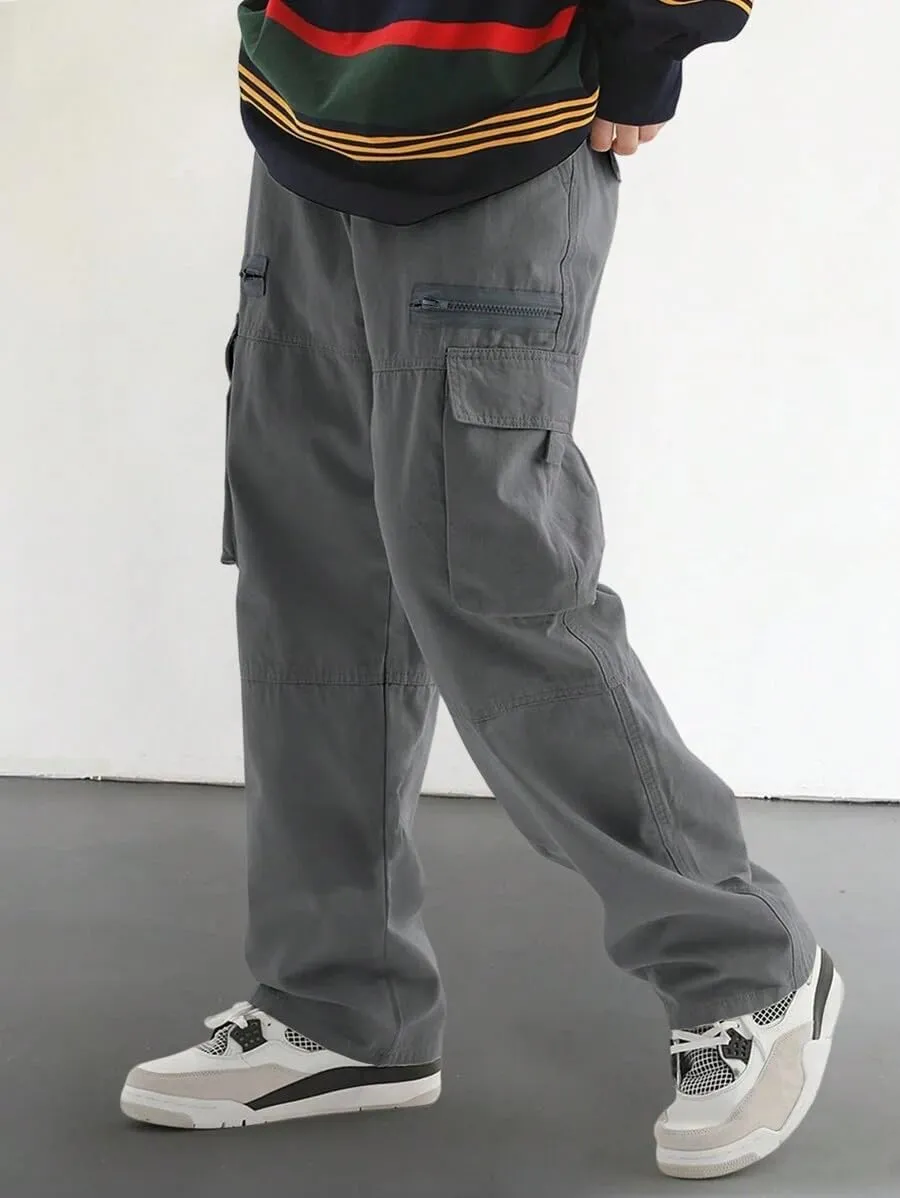 ZAFUL Men's Wild Cargo Pants Loose Fit Y2K Pants Drawstring Casual Hiking Pants Pocket Zipper Design Straight Trousers