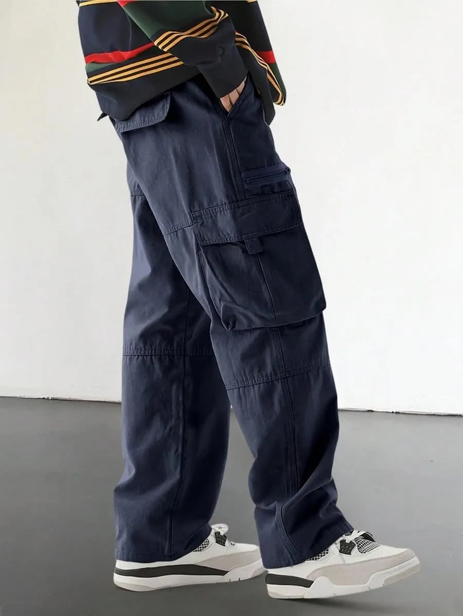 ZAFUL Men's Wild Cargo Pants Loose Fit Y2K Pants Drawstring Casual Hiking Pants Pocket Zipper Design Straight Trousers