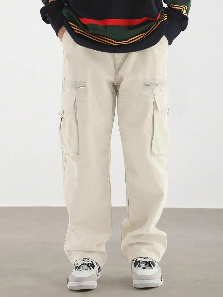 ZAFUL Men's Wild Cargo Pants Loose Fit Y2K Pants Drawstring Casual Hiking Pants Pocket Zipper Design Straight Trousers