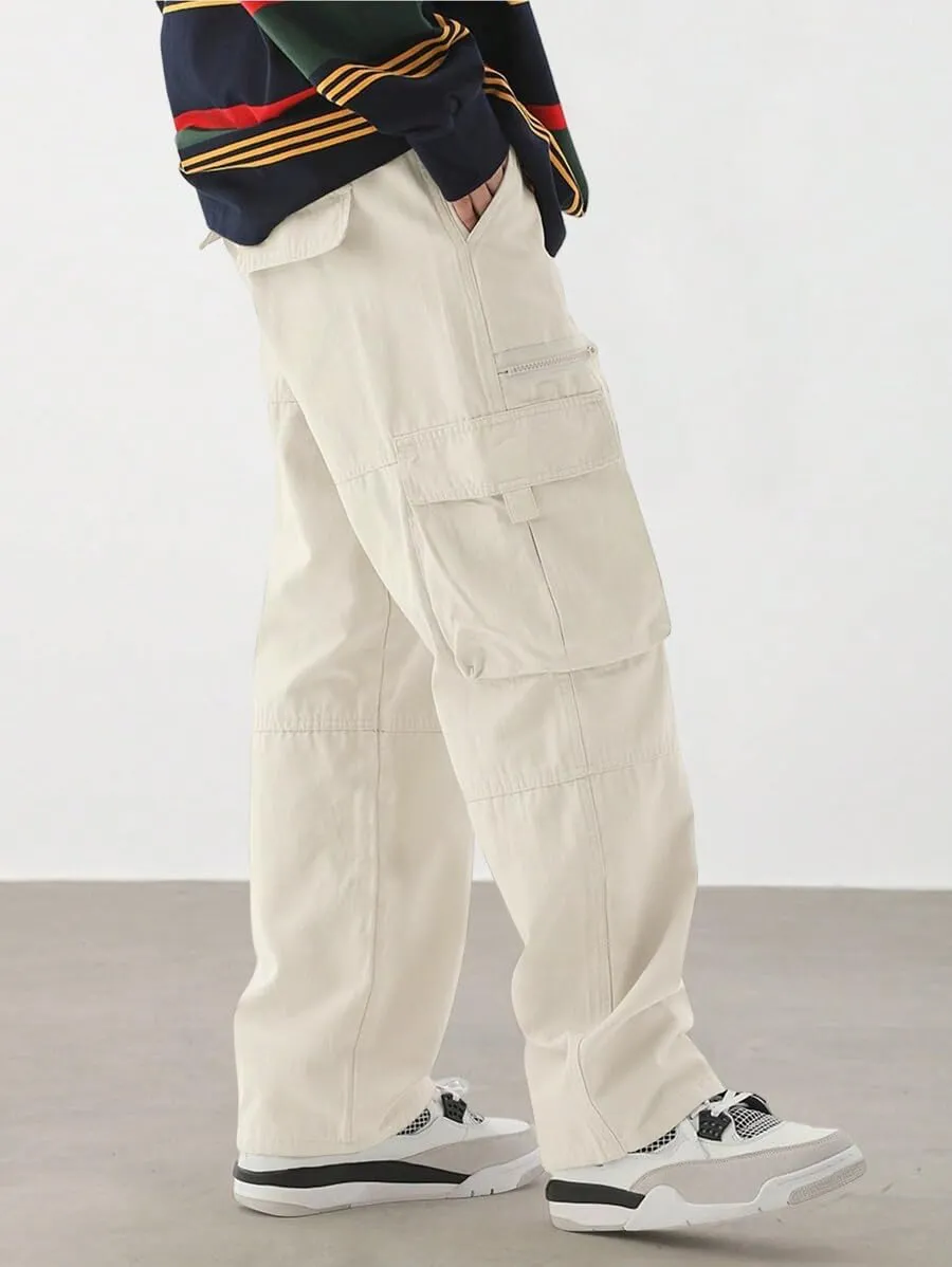 ZAFUL Men's Wild Cargo Pants Loose Fit Y2K Pants Drawstring Casual Hiking Pants Pocket Zipper Design Straight Trousers