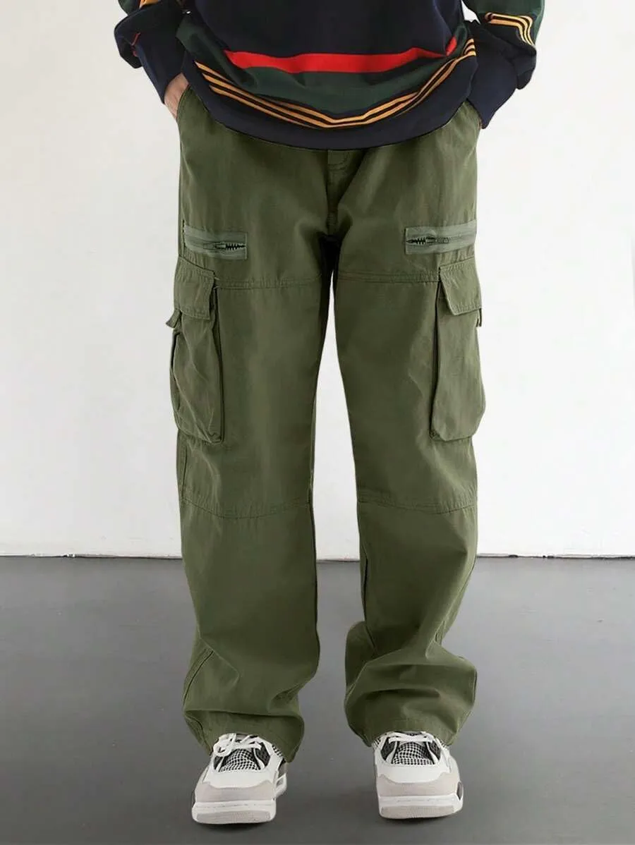 ZAFUL Men's Wild Cargo Pants Loose Fit Y2K Pants Drawstring Casual Hiking Pants Pocket Zipper Design Straight Trousers