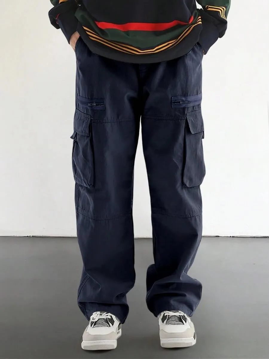 ZAFUL Men's Wild Cargo Pants Loose Fit Y2K Pants Drawstring Casual Hiking Pants Pocket Zipper Design Straight Trousers