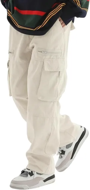 ZAFUL Men's Wild Cargo Pants Loose Fit Y2K Pants Drawstring Casual Hiking Pants Pocket Zipper Design Straight Trousers