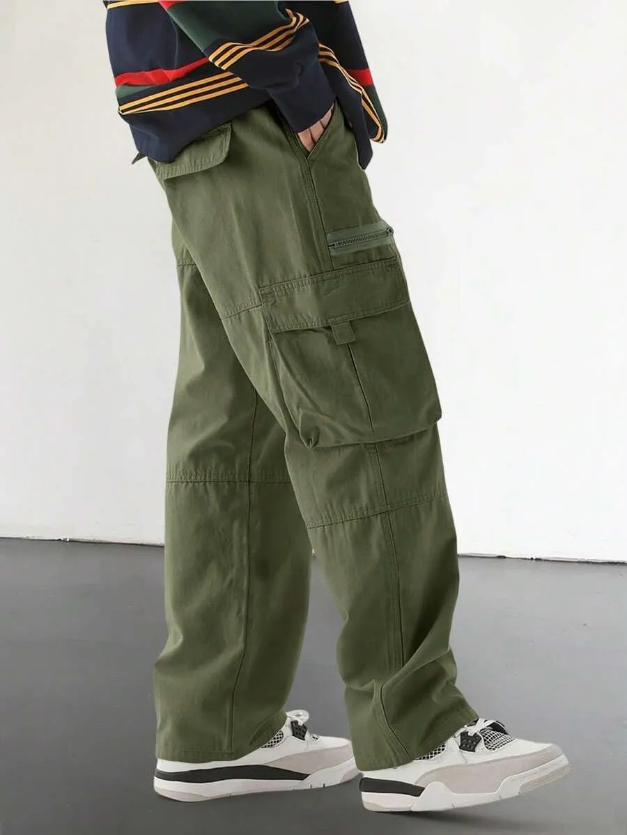 ZAFUL Men's Wild Cargo Pants Loose Fit Y2K Pants Drawstring Casual Hiking Pants Pocket Zipper Design Straight Trousers