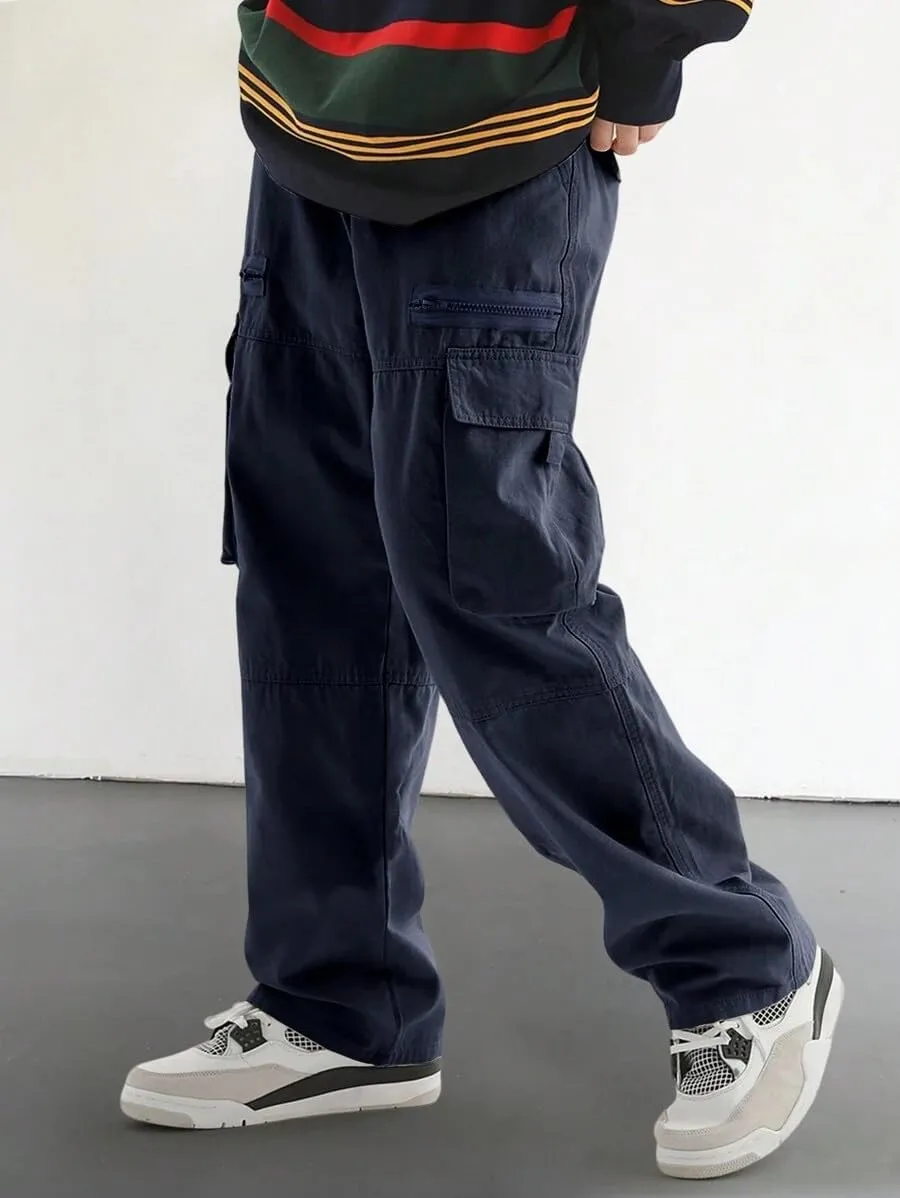 ZAFUL Men's Wild Cargo Pants Loose Fit Y2K Pants Drawstring Casual Hiking Pants Pocket Zipper Design Straight Trousers
