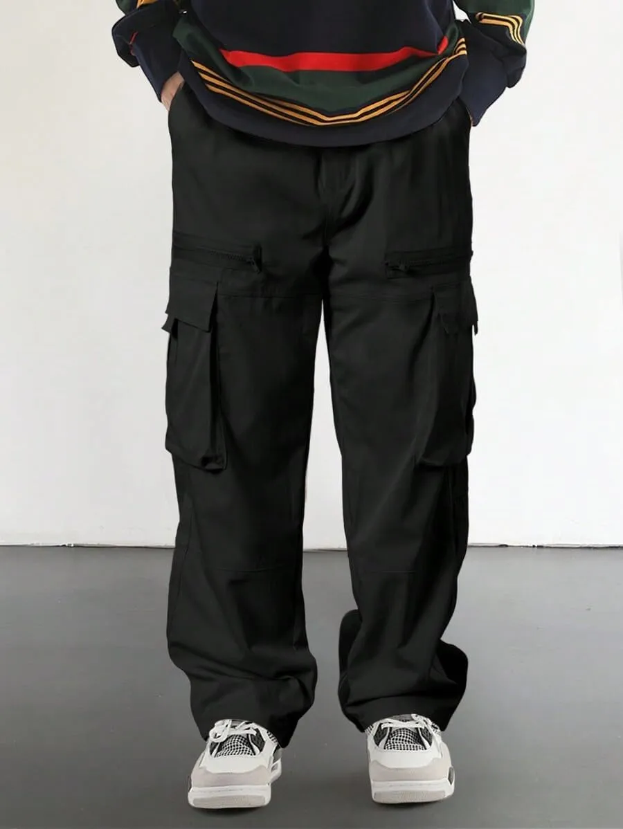 ZAFUL Men's Wild Cargo Pants Loose Fit Y2K Pants Drawstring Casual Hiking Pants Pocket Zipper Design Straight Trousers
