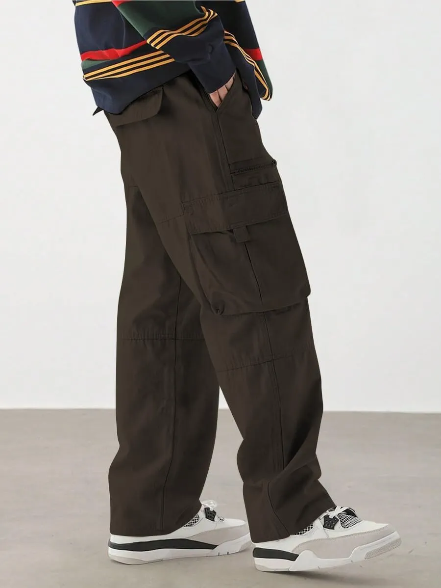 ZAFUL Men's Wild Cargo Pants Loose Fit Y2K Pants Drawstring Casual Hiking Pants Pocket Zipper Design Straight Trousers