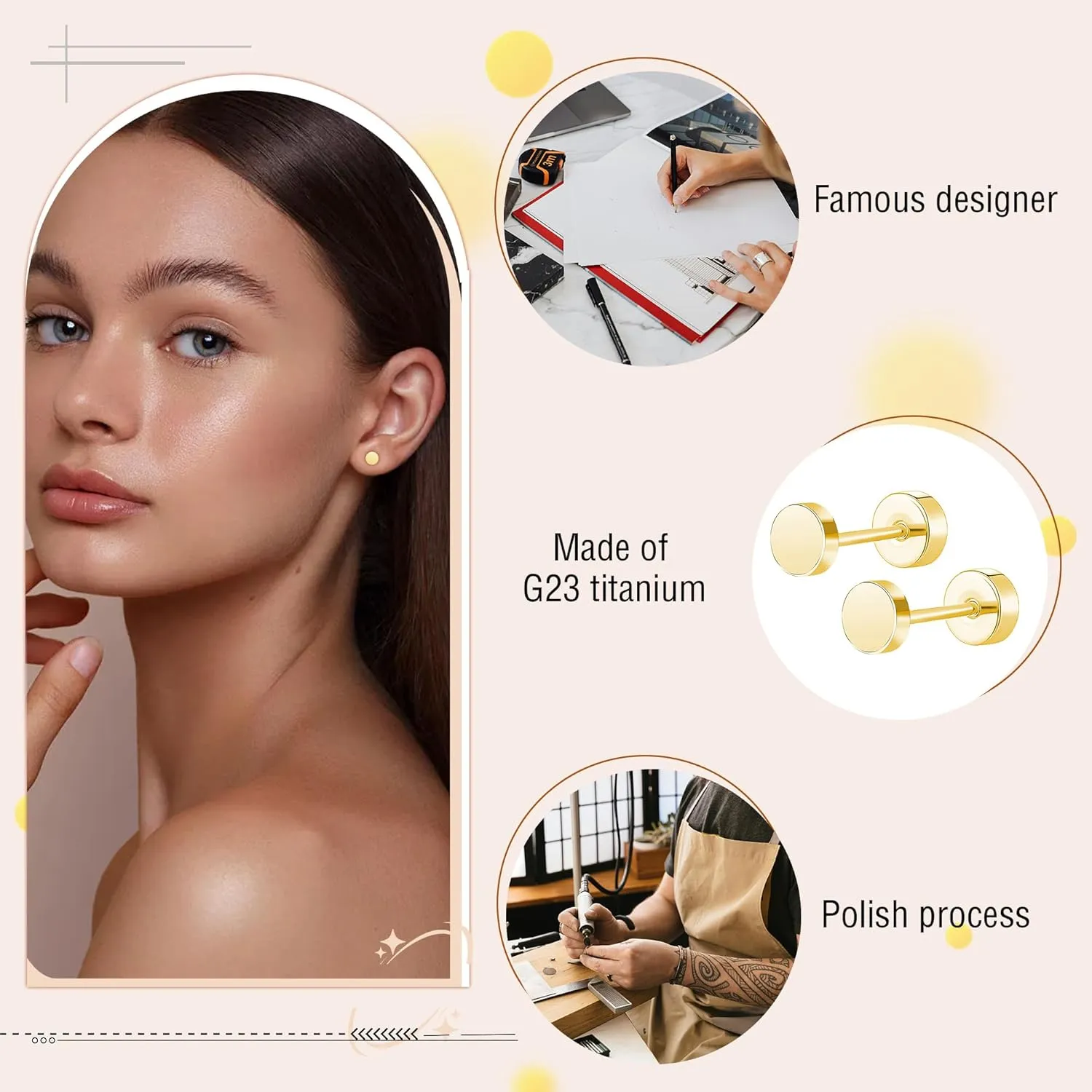 ZDE Women Earrings Flat Back Dot Earrings Titanium Hypoallergenic Cartilage Non-Nickel Earrings Studs for Sensitive Ears Simple Classic 3mm/4mm/5mm/6mm Screw On Stud Earring