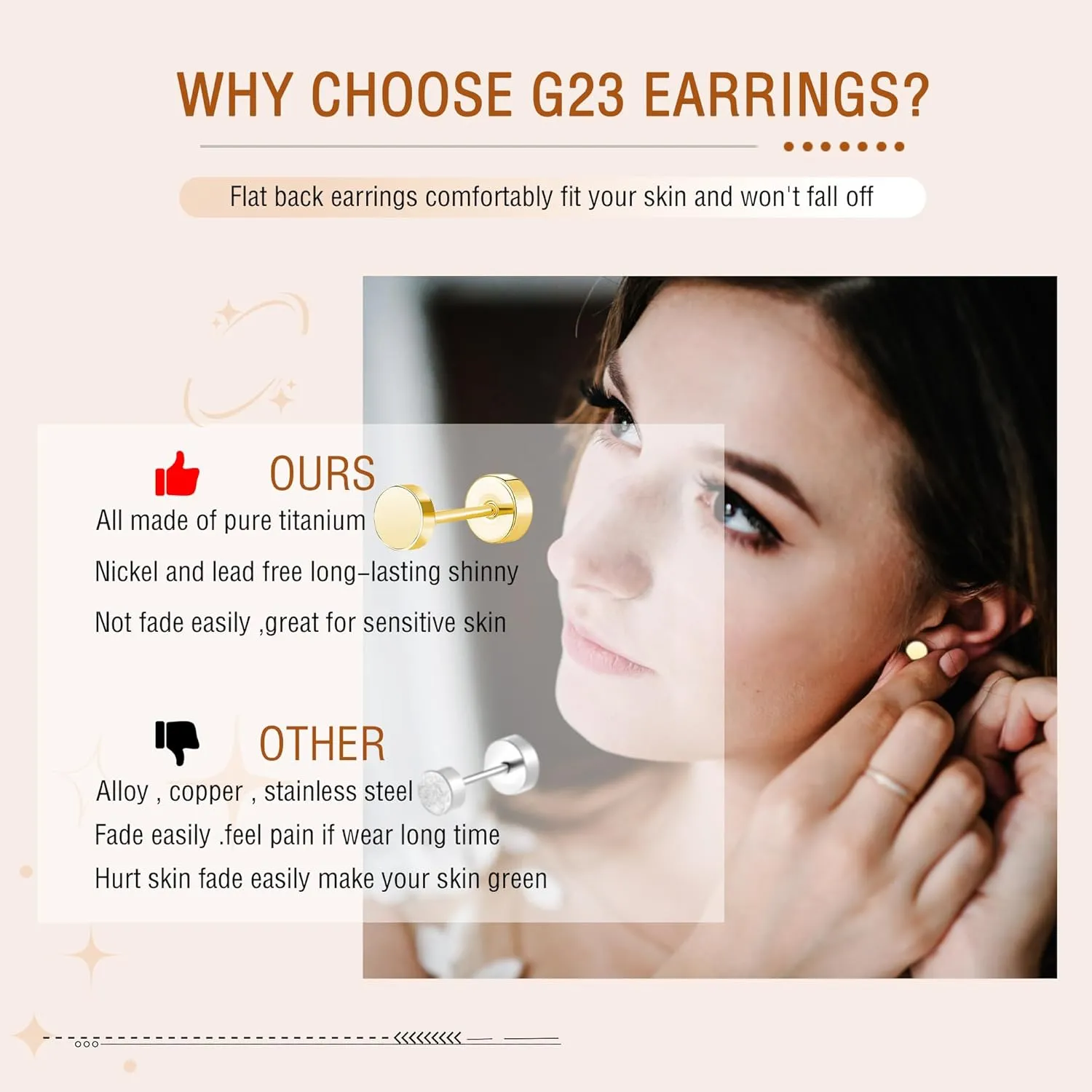 ZDE Women Earrings Flat Back Dot Earrings Titanium Hypoallergenic Cartilage Non-Nickel Earrings Studs for Sensitive Ears Simple Classic 3mm/4mm/5mm/6mm Screw On Stud Earring
