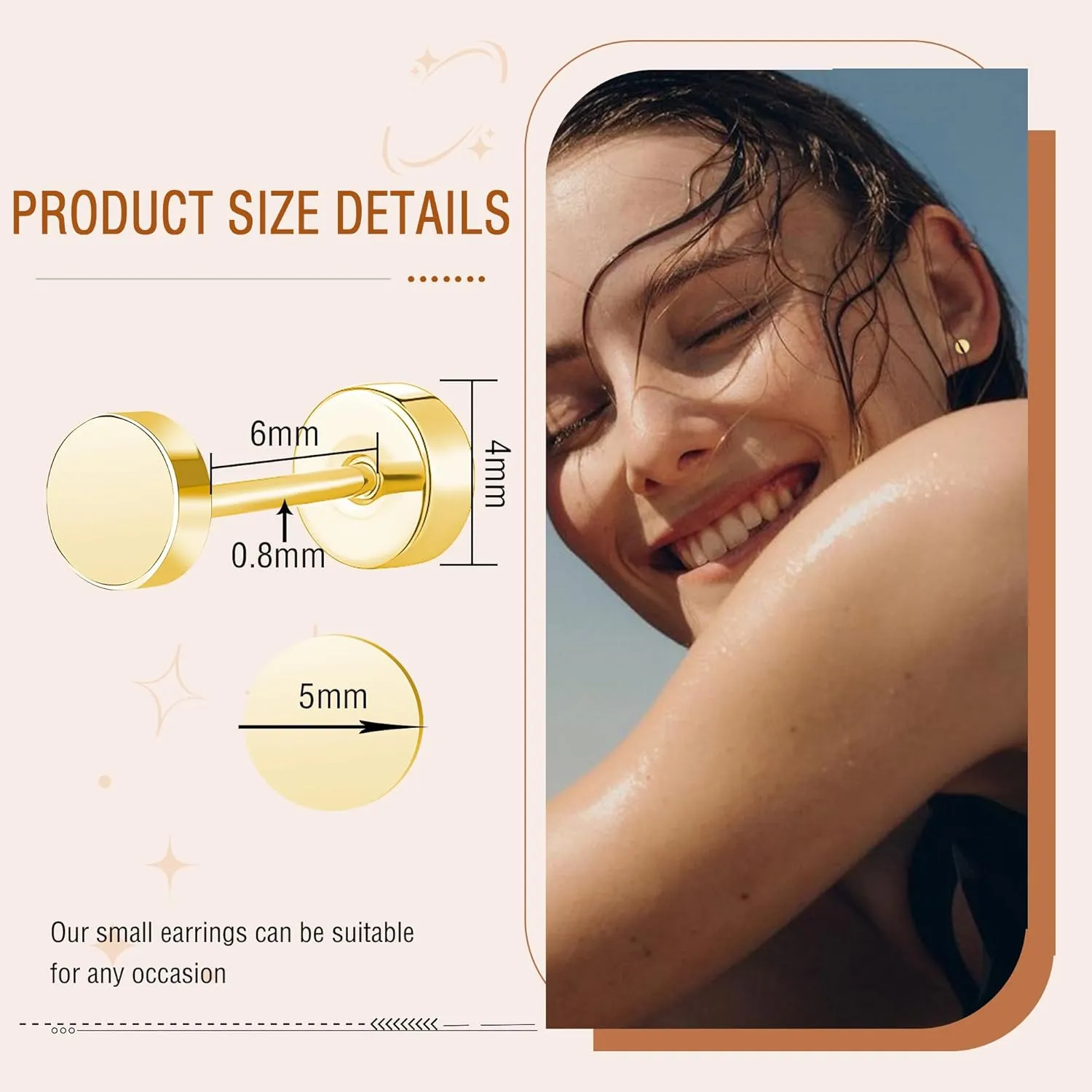 ZDE Women Earrings Flat Back Dot Earrings Titanium Hypoallergenic Cartilage Non-Nickel Earrings Studs for Sensitive Ears Simple Classic 3mm/4mm/5mm/6mm Screw On Stud Earring