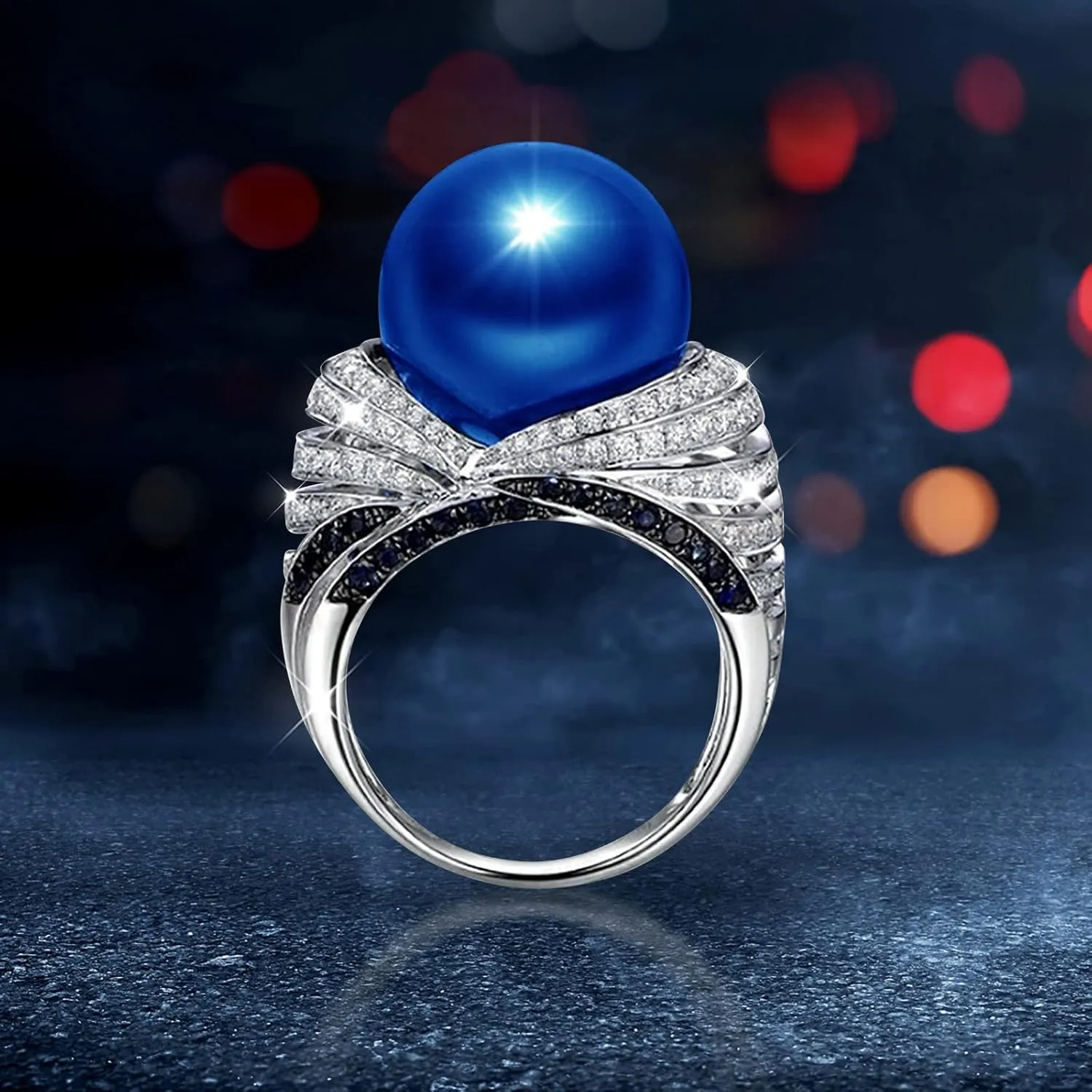 Zircon Blue and White Cubic Zirconia American Popular Pearl Style Fashion Ring Hip Hop Beaded Finger Ring Costume Cocktail Disco Party Jewelry for Women European Retro Rings