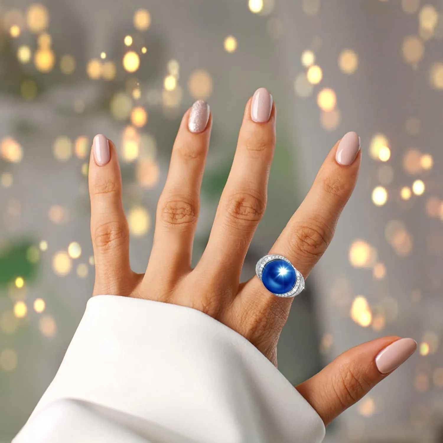 Zircon Blue and White Cubic Zirconia American Popular Pearl Style Fashion Ring Hip Hop Beaded Finger Ring Costume Cocktail Disco Party Jewelry for Women European Retro Rings