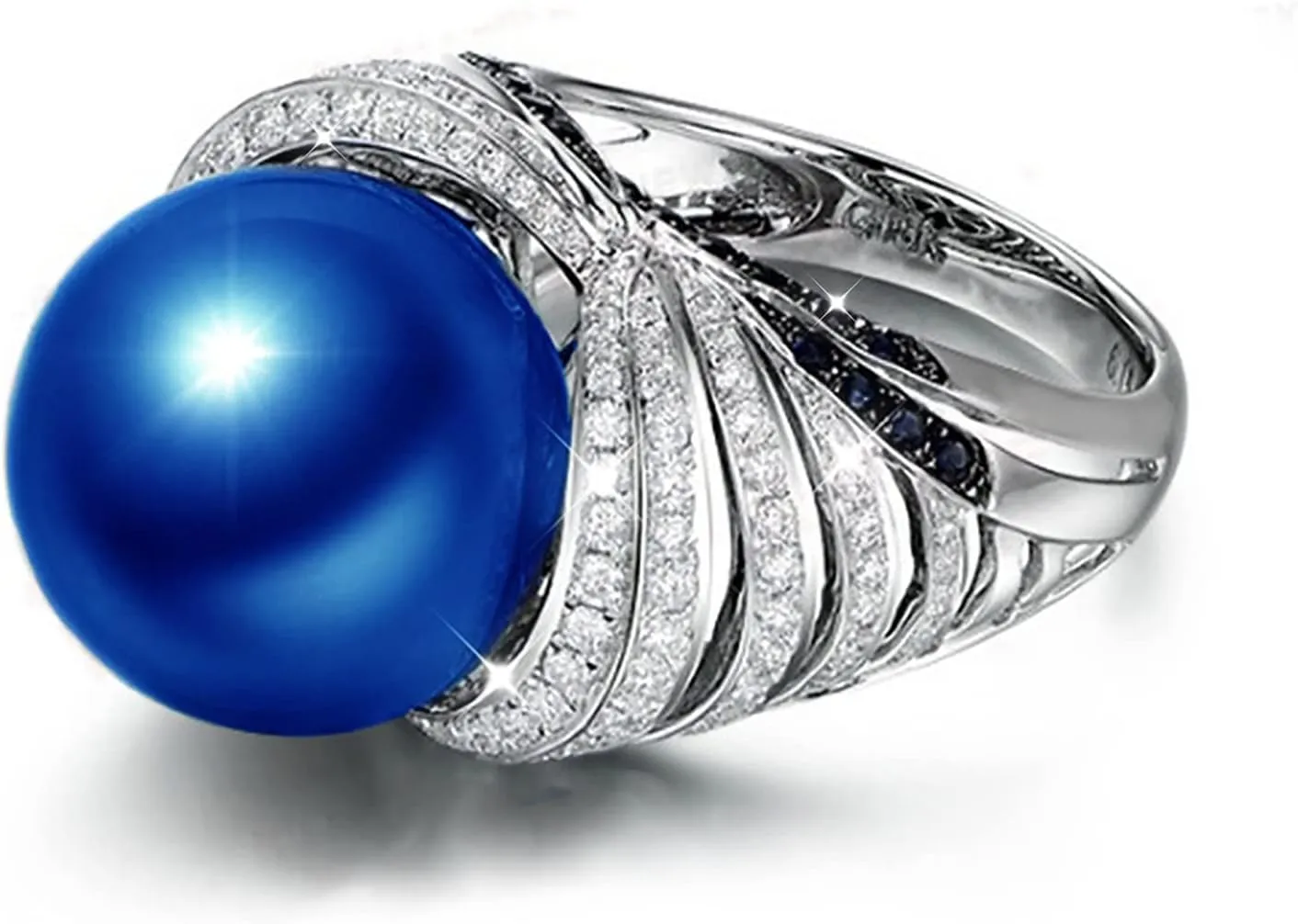 Zircon Blue and White Cubic Zirconia American Popular Pearl Style Fashion Ring Hip Hop Beaded Finger Ring Costume Cocktail Disco Party Jewelry for Women European Retro Rings