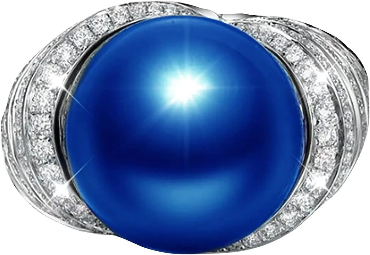 Zircon Blue and White Cubic Zirconia American Popular Pearl Style Fashion Ring Hip Hop Beaded Finger Ring Costume Cocktail Disco Party Jewelry for Women European Retro Rings