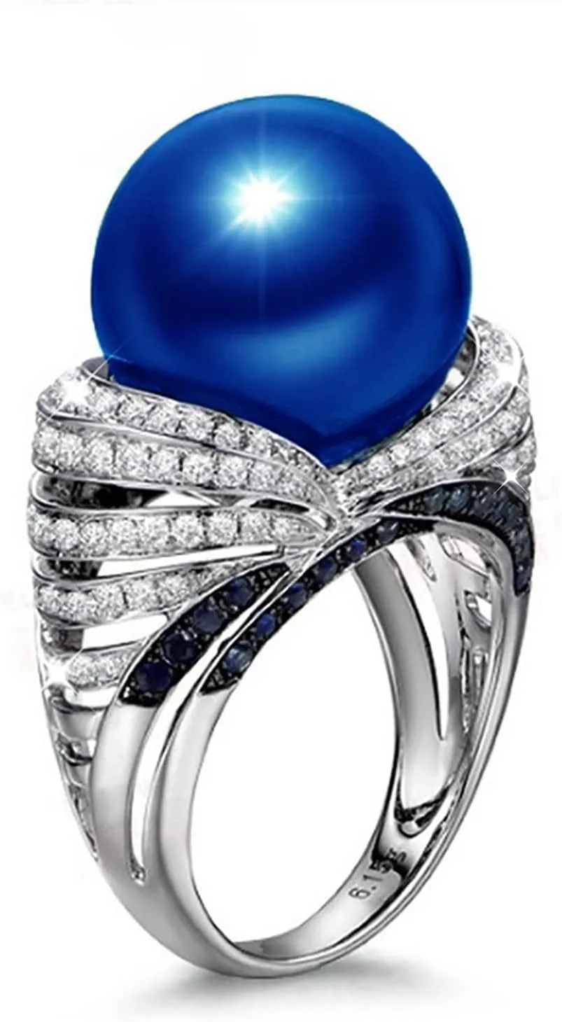 Zircon Blue and White Cubic Zirconia American Popular Pearl Style Fashion Ring Hip Hop Beaded Finger Ring Costume Cocktail Disco Party Jewelry for Women European Retro Rings