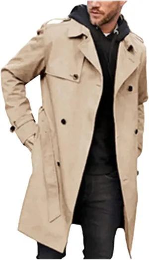ZWRXW Trench Coat for Men Double Breasted Notched Lapel Casual Slim Fit Long Jacket Windbreaker Overcoats with Belt