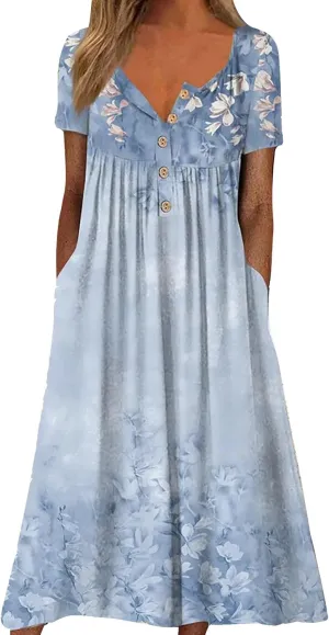 ZYXTIM Women's 2024 Summer Short Sleeve Maxi Dress Vintage Floral Printed V Neck Swing A Line Long T Shirt Dress Plus Size