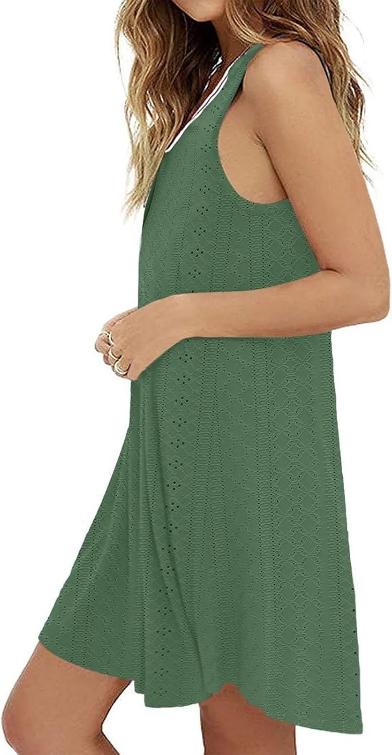ZYXTIM Women's Summer 2024 Casual Sundress Sleeveless Eyelet Embroidery Mini Dress V Neck Floral Printed Flowy Beach Sundress